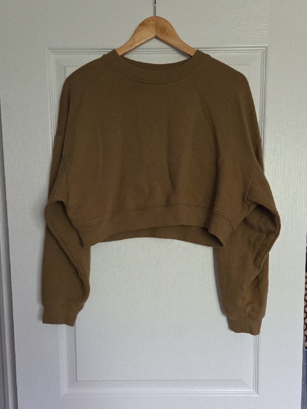OAK + FORT Oversized Cropped Crewneck Sweater in Camel Brown - Picture 9 of 10